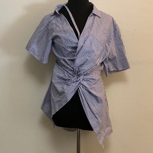 Collared, Blue & White Striped Knot Waist Top